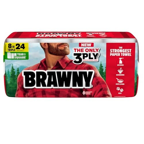 Brawny TearASquare 3Ply Paper Towels 8 Triple Rolls 24 Regular Rolls Strong Absorbent and Durable with 3 Sheet Sizes Quarter Half Full